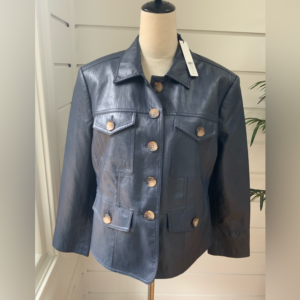 NWT Chico’s Crinkle Faux Leather Peplum Jacket in Constellation Blue Size 12